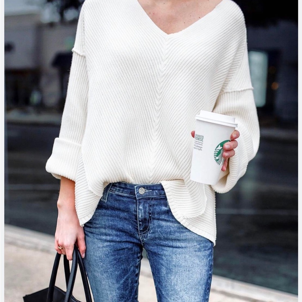 Free People La Brea V Neck White Sweater